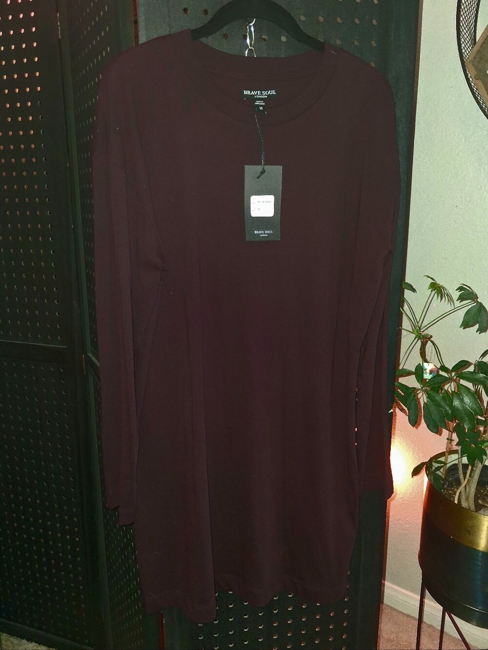 Brave Soul Womens Long Sleeve Crew Shirt Dress - Dark Wine